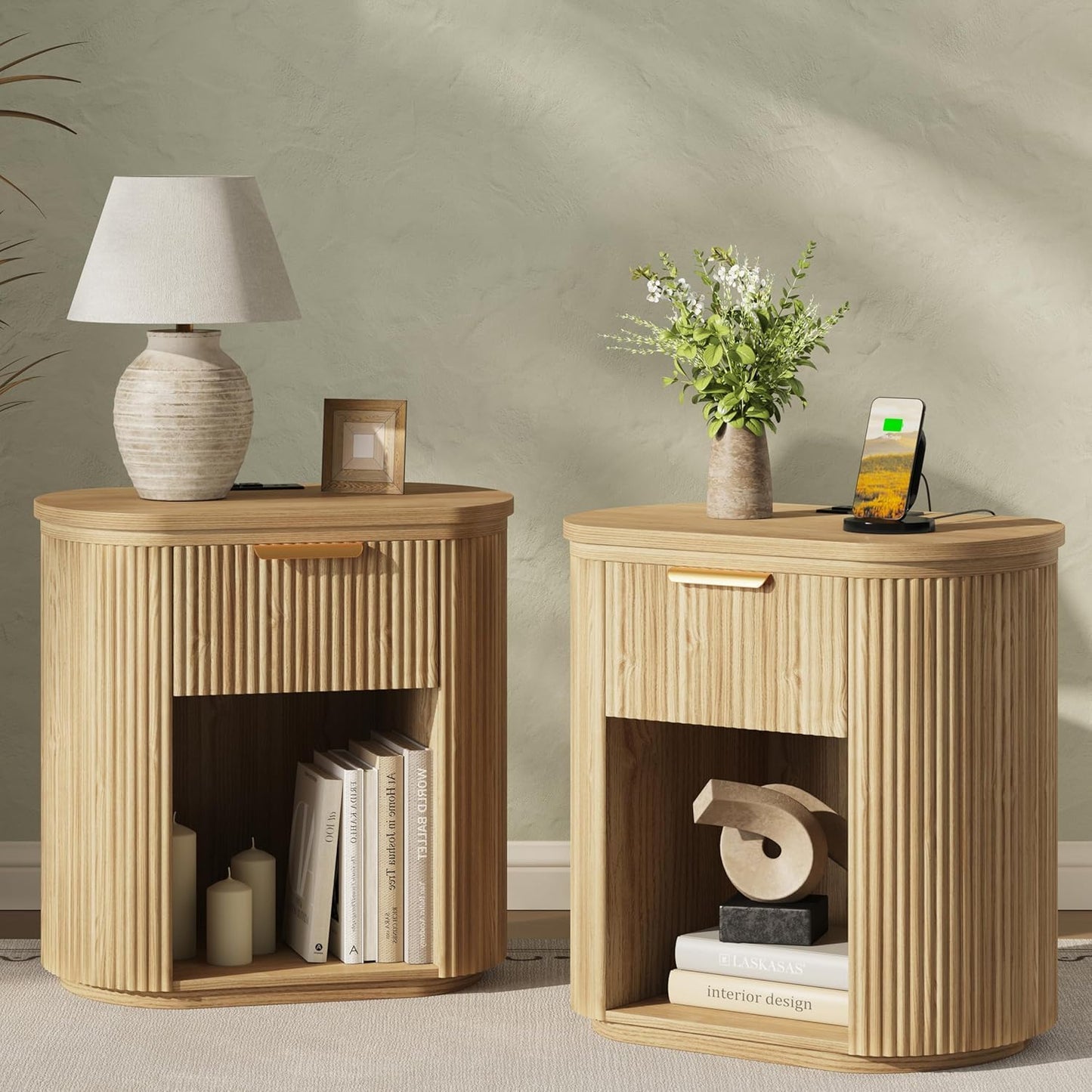 Fluted Nightstands Set of 2 with Charging Station, 23.6" Large Bedside Side Table, Wood End Table with Drawer Storage, Curved Round Corner, Furniture Bedroom Sofa, Mid Century Modern, Farmhouse, Oak