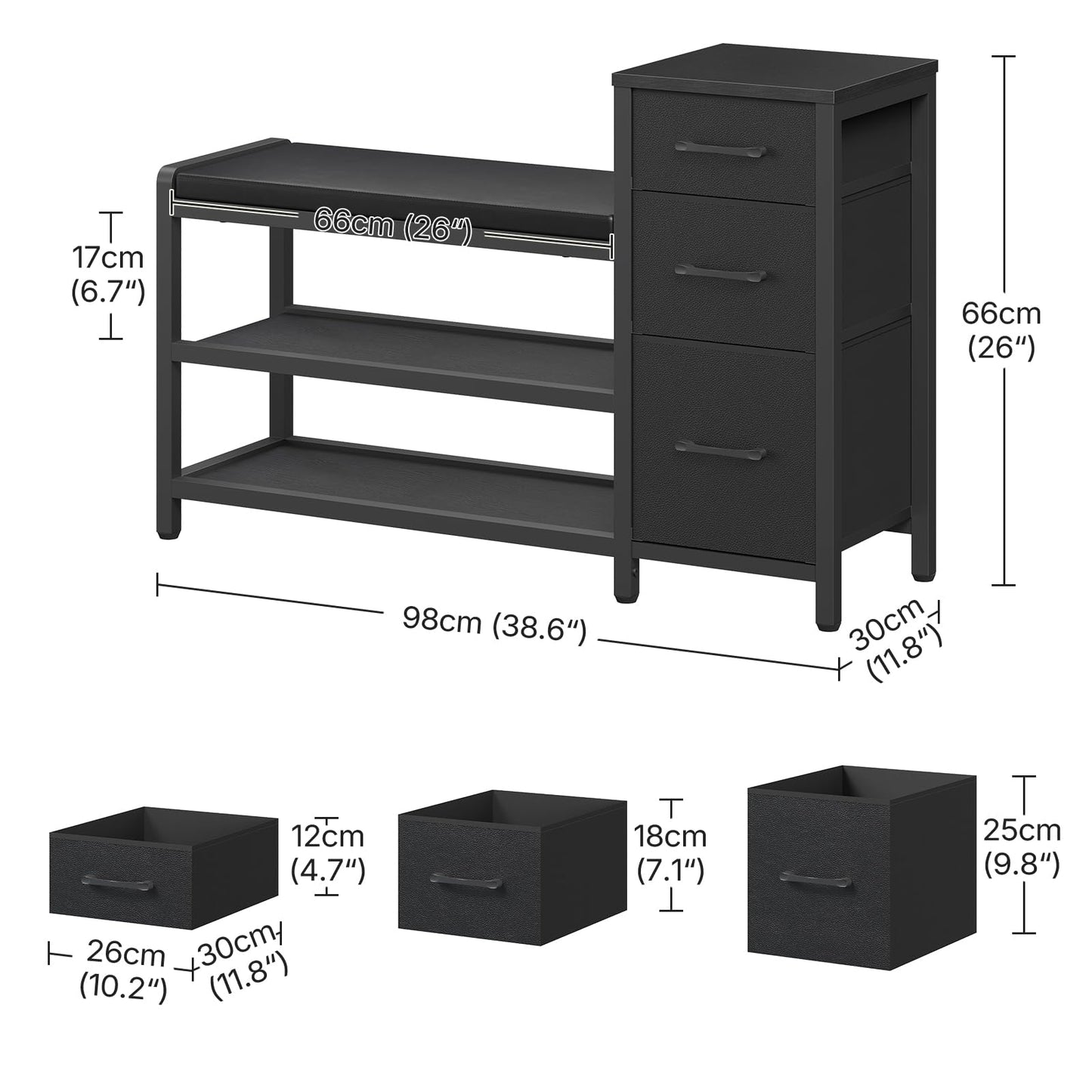YATINEY Entryway Bench with Shoe Storage, 3-Tier Shoe Rack Bench with Wooden Shelves and 3 Non-Woven Drawers, PU Padded Shoe Storage Bench for Entryway, Bedroom, Black HX07BB