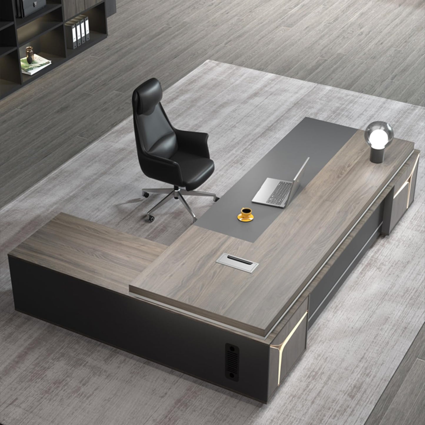 LSIGHTUS 87" Brown L-Shaped Executive Desk for Home Office, Wood Computer Desk with File Cabinet Study Writing Table Business Furniture Set for CEO Boss, Business