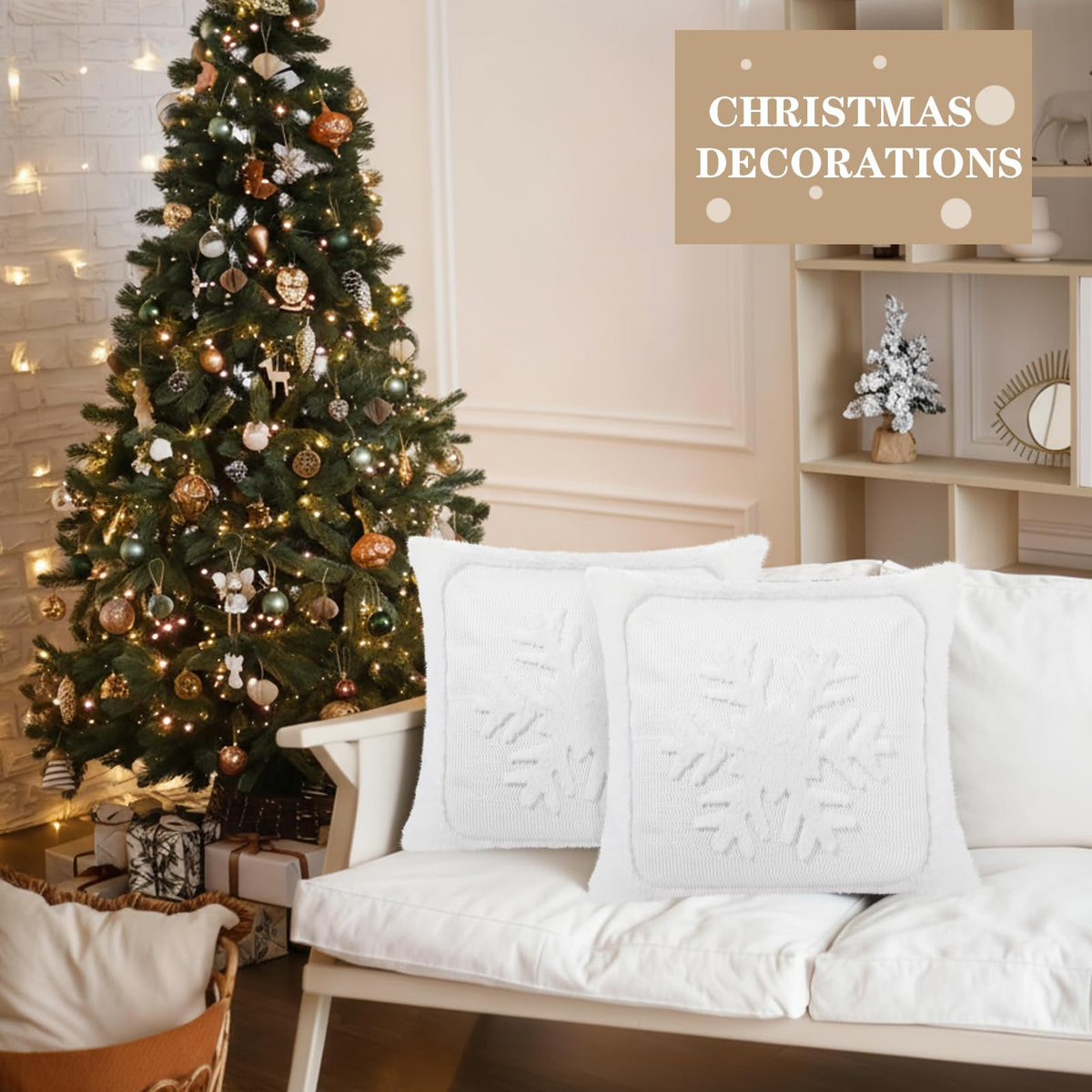 Newwiee Christmas Throw Pillow Covers 18x18 Inch Set of 2 Snowflake Pillow Cases Soft Plush Faux Fur Couch Cushion Case for Chair Sofa Bedroom Living Room Home Decor (White)