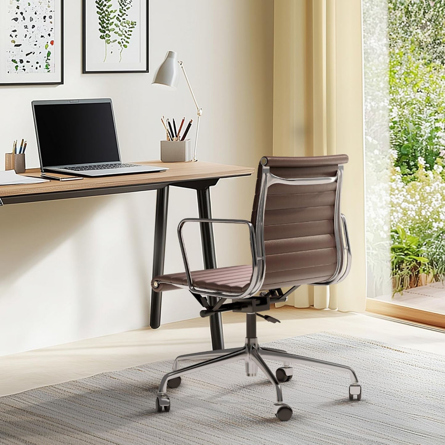 OTDMEL Ribbed Office Chair with Top Grain Leather - Mid Back Ergonomic Desk Chair with Aluminum Arm Rest and 5-Star Base, Swivel Chair Brown
