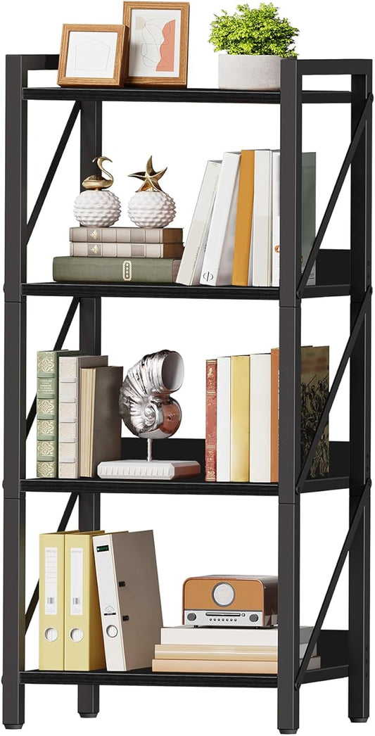HOOBRO Bookshelf, 4-Tier Industrial Bookcase, Book Shelf Storage Organizer