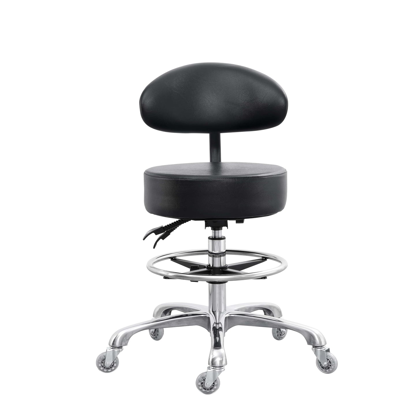 Grace&Grace Drafting Chair Big Cushion Rolling Stool with Back, Tall Shop Stool Rolling Chair with Footrest for Studio, Workshop, Classroom, Lab, Counter, Home Office (Black)