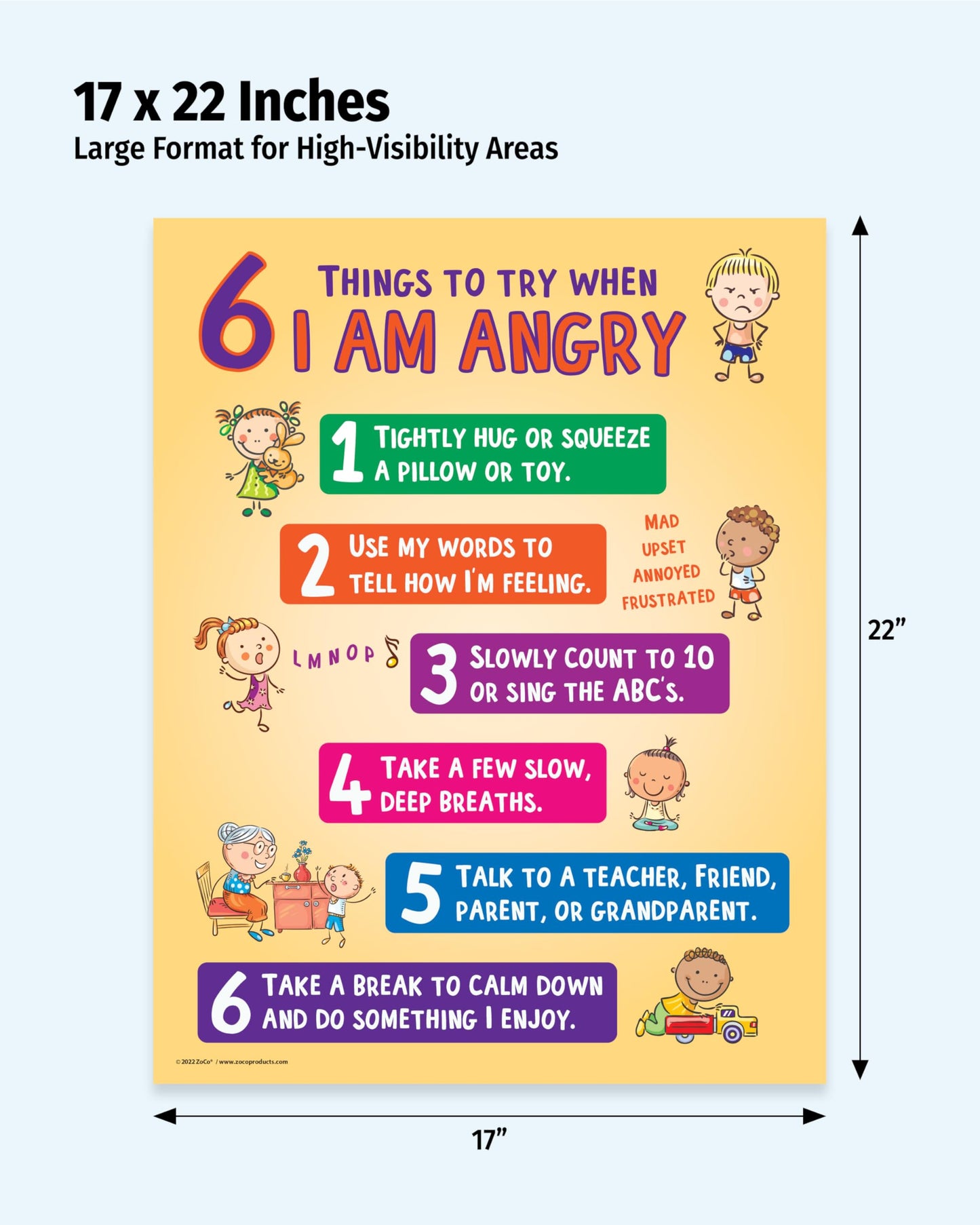 ZOCO – 6 Anger Control Strategies Posters (5-Pack) – Calm Down and Manage Emotions for Toddlers – Classroom Behavior Management for Preschool, Daycare, and Homeschool – Made in USA