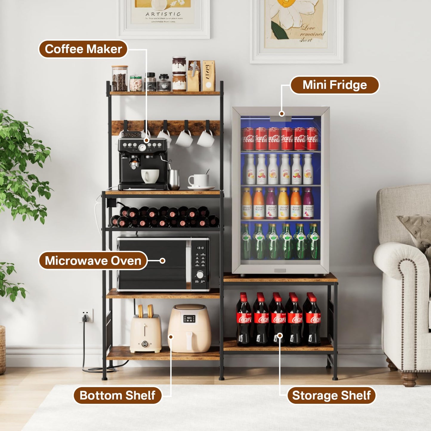 Portin Mini Fridge Stand Coffee Bar Cabinet with Power Outlet, Mini Fridge and Microwave Stand with S-Hooks, 7 Storage Shelf Rack for Dorm,Office - Kitchen Bakers Rack