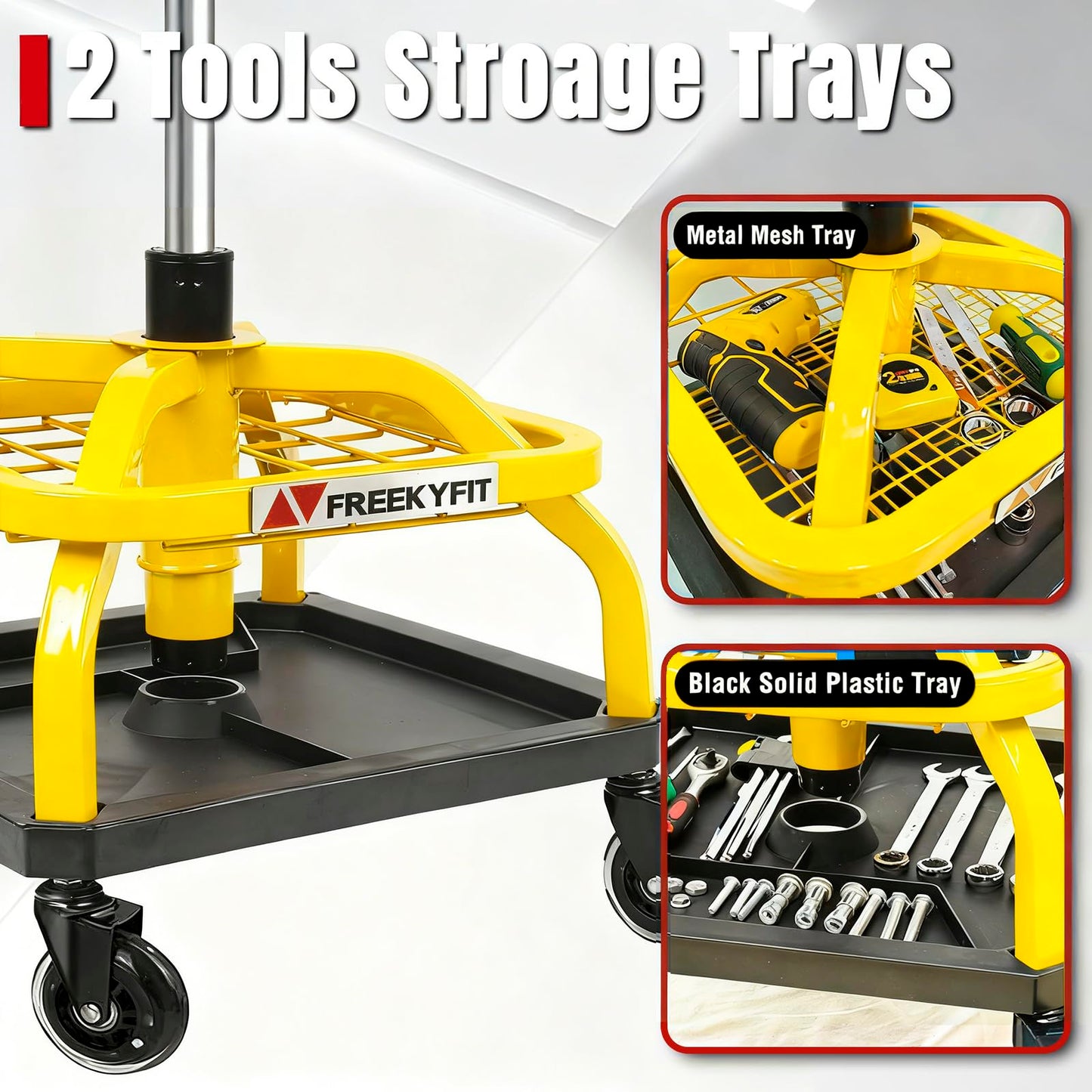 FreekyFit Rolling Shop Stool with Wheels, Garage Work Mechanic Stool with Backrest, Roller Mechanic Chair, Adjustable Height, 360° Swivel, Tool Tray Storage, 330 LBS Capacity, Heavy Duty, Yellow