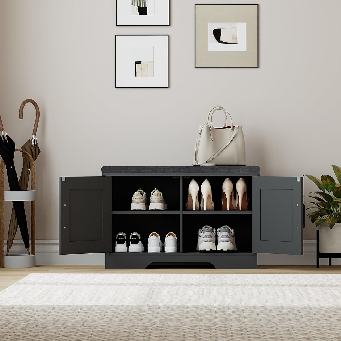 HOMSHO 2-Tier Storage Bench, 27.6" Wide Shoe Bench with Padded Seat Cushion, Entryway Bench with 2 Barn Doors and Adjustable Shelf, Black
