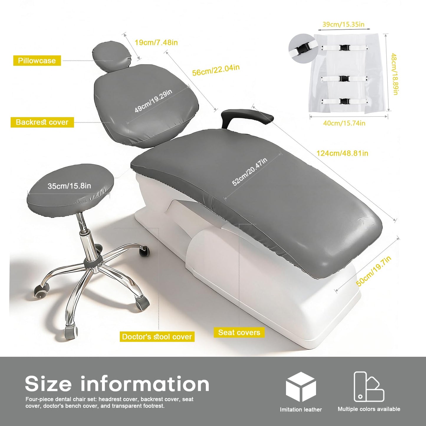 buyzg 5Pcs Dental Chair Covers Set - Waterproof & Non-Slip PU Leather Elastic Full Covers with Foot, Seat, Headrest & Backrest Protectors for Dental Clinic Chairs(Gray)