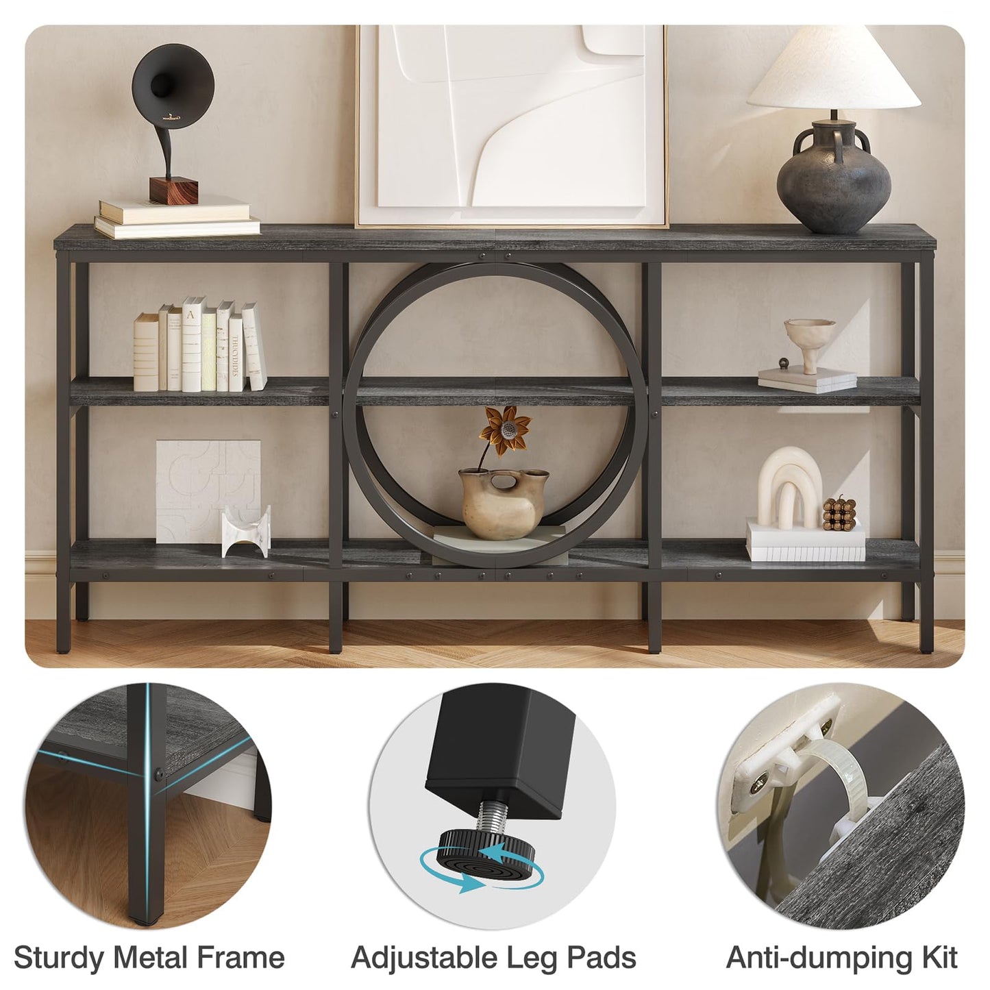 Tarnorci 66.9'' Console Table, 3-Tier TV Stand with Storage, Home Sofa Living Room Table Behind the Couch for Entryway (Grey Oak+Black)