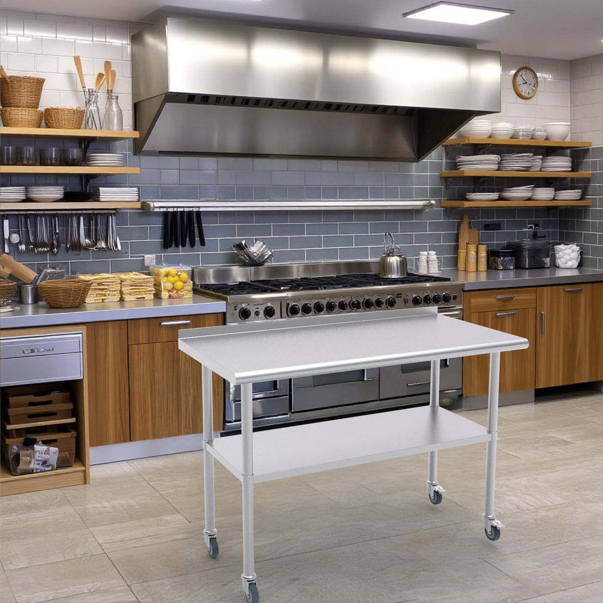 STEELBUS Stainless Steel Work Table with Back Panel,Undershelf and Casters,Commercial Prep Table for Kitchen, Restaurant,Garage,Workshop,NSF Certified,Durable,Scratch & Rust Resistant