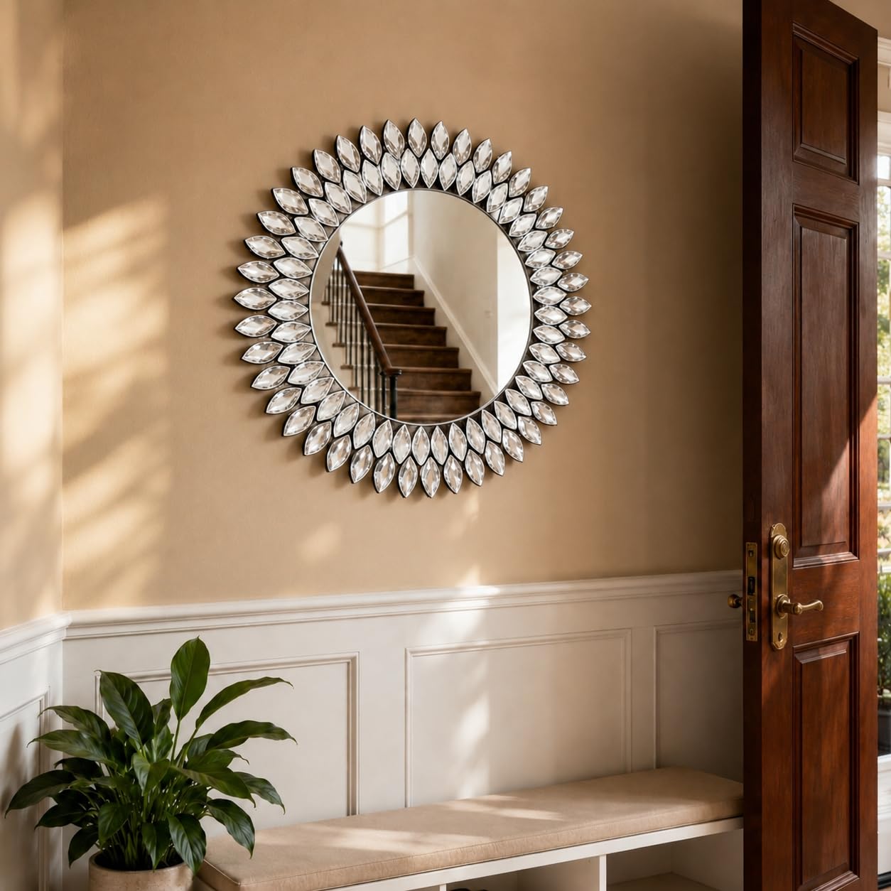 HMANGE Jeweled Luxury Crystal Diamond Round Wall Mirror, 24"x24" Decorative Wall Mirror, Crystal Vanity Mirror for Bathroom, Entryway, Living Room & Fireplace Decor