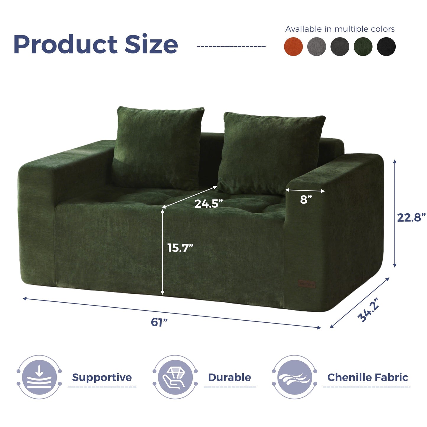 MAXYOYO Modular Sofa Couch, 61" Loveseat Boneless Cloud Couch with Deep Seat, Chenille Upholstered Living Room Comfy Sofa Chair for Living Room, No Assembly Required, Dark Green