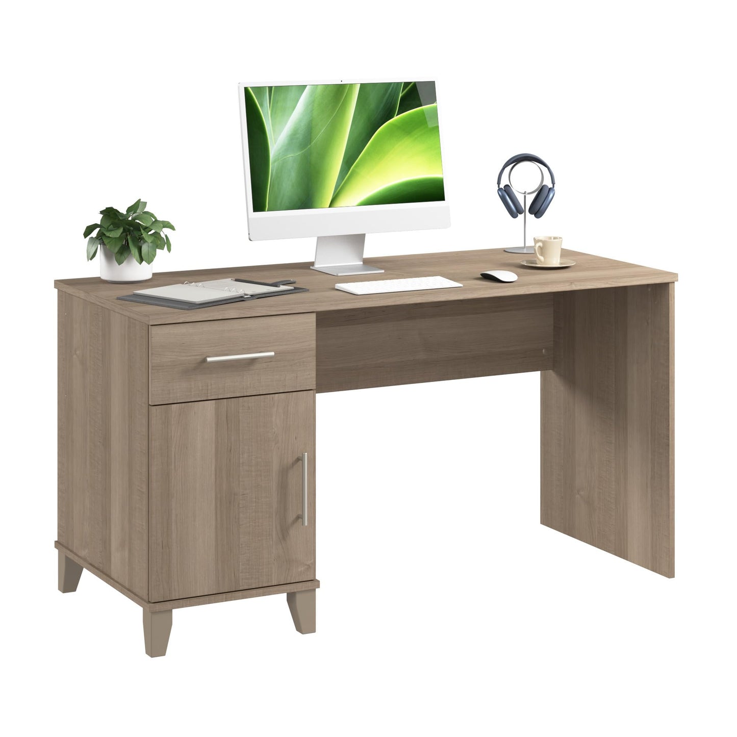 Bush Home 54-Inch Office Desk with Drawer and Storage Cabinet, Computer Desk with Box Drawer and Adjustable Shelf, Home Office Workstation Furniture, Somerset Collection, Ash Gray