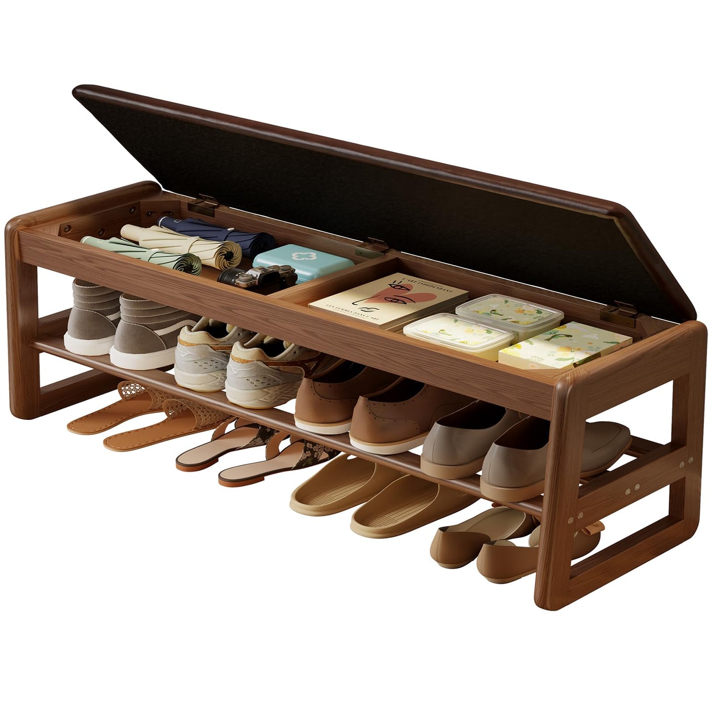 AQIMUELE Shoe Rack Bench,2 Tiers Shoe Bench with Storage with Flip-Top,Wood Shoe Rack for Entryway,Hallway（Dark Walnut Upholstered Seat,11.8" D x 39.3" W x 15.7" H）