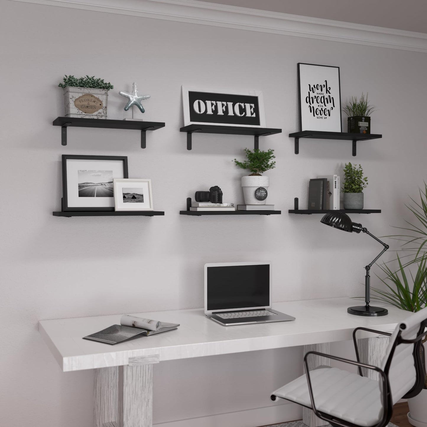 WOPITUES Wood Floating Shelves Set of 6, Shelves for Wall Decor, Farmhouse Shelf for Bedroom, Bathroom Storage Shelves, Book Shelves for Living Room-Black