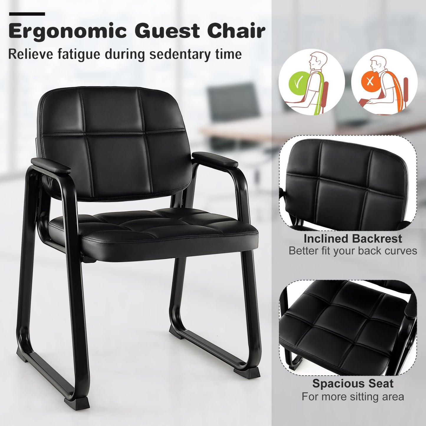 Giantex 2-Pack Waiting Room Chairs Set with Padded Seat & Armrests, Metal Frame, 330 Lbs Capacity, No Wheels Lobby Chairs for Conference Room, Meeting, Office, Reception & Office Guest Room, Black (1)