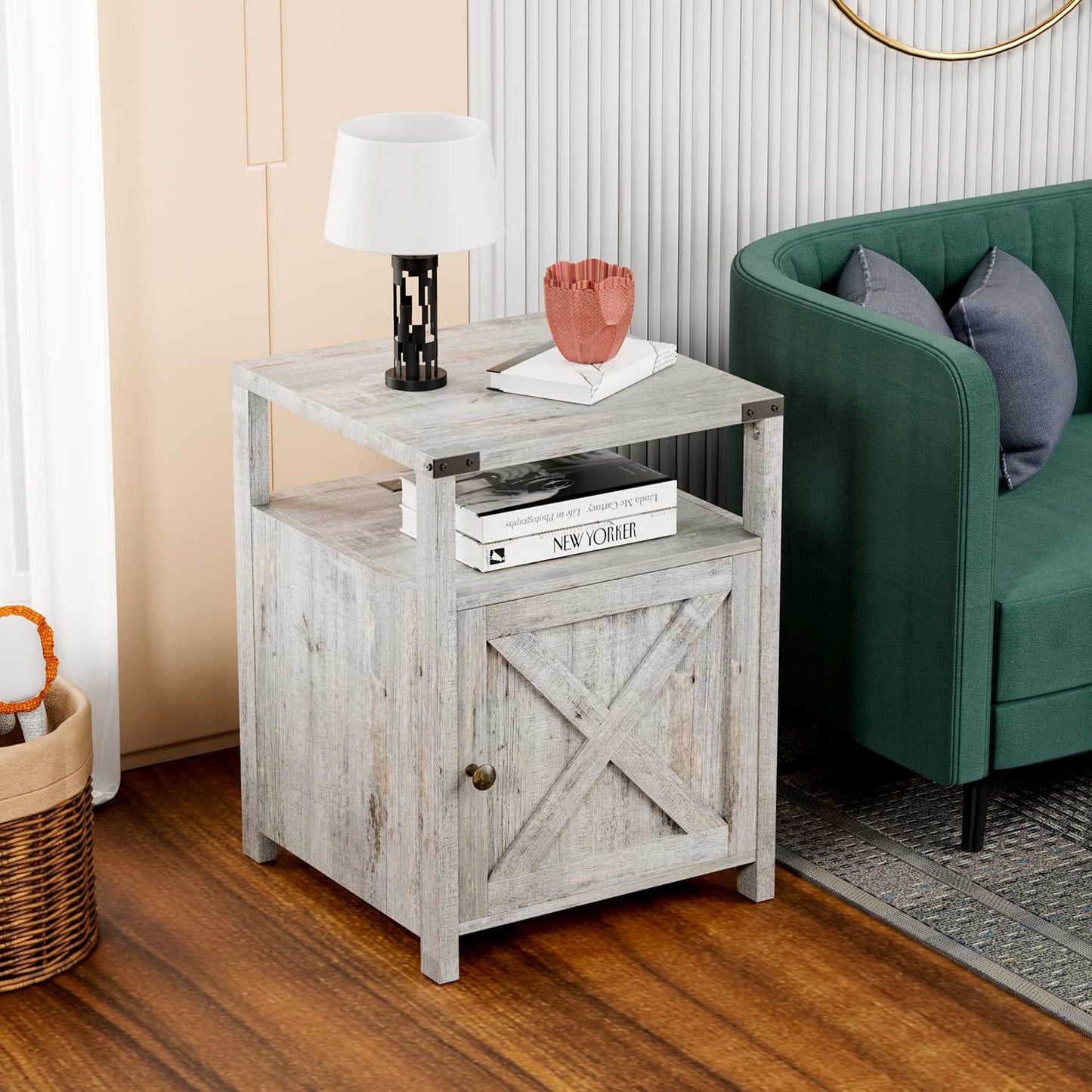 HOSEOKA Farmhouse Nightstand with Charging Station, Grayish White End Table Bedroom with Storage Living Room Side Table Beige Night Stand Industrial Bedside Bed Table with USB Ports and Outlets