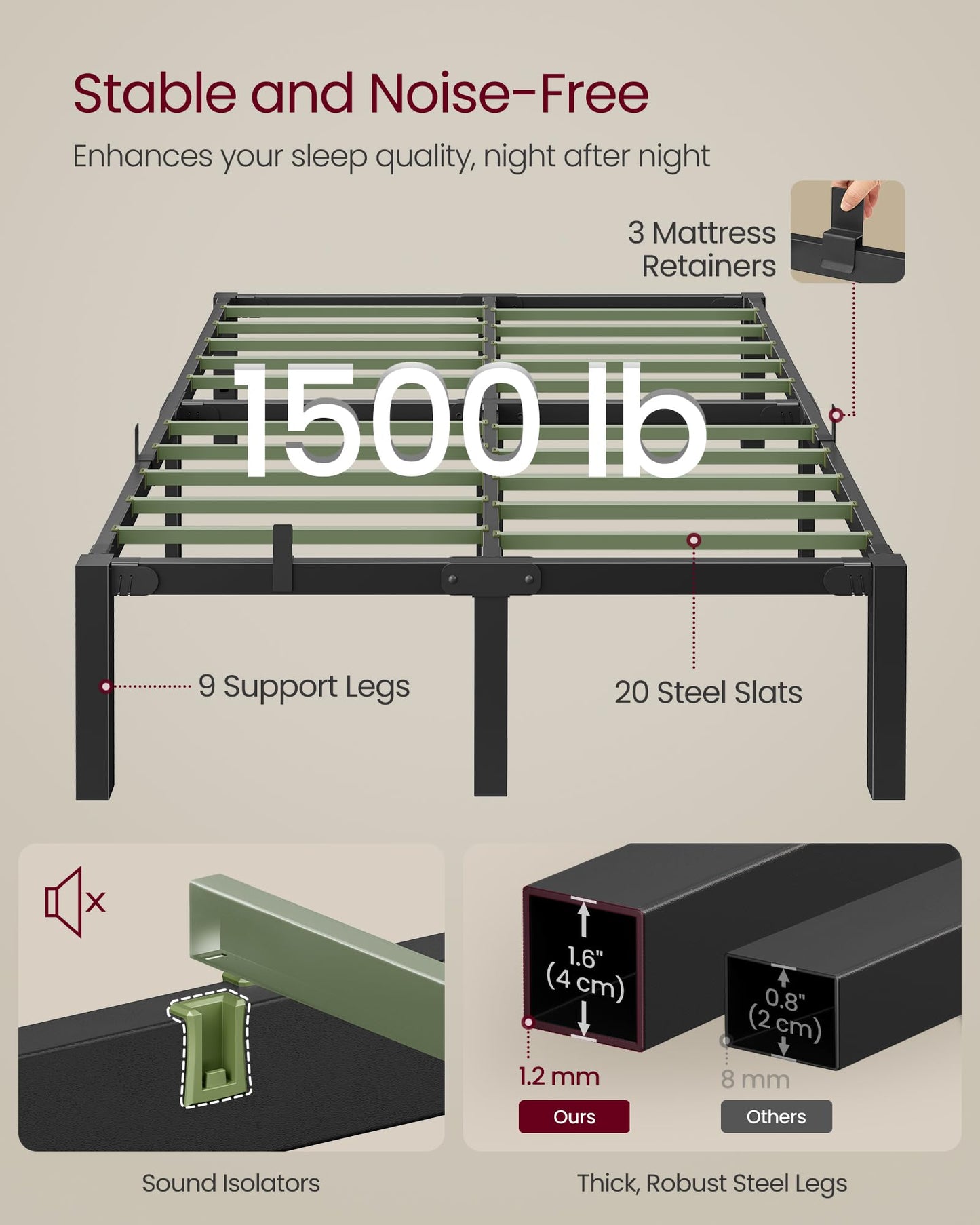 VASAGLE Superfast Assembly, Metal Full Bed Frame, Heavy-Duty Platform Bed Frame Full Size, 1500 lb Weight Capacity, Steel Slats, No Box Spring Needed, Ink Black and Forest Green URMB872B01