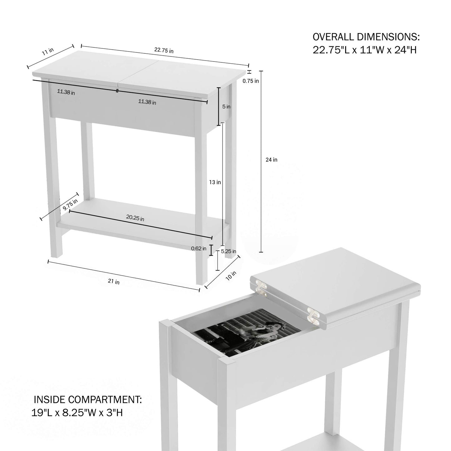 Flip Top Console Table – Set of 2 White End Tables with Hidden Hinged Storage Compartment and Lower Shelf for Living Room or Bedroom by Lavish Home