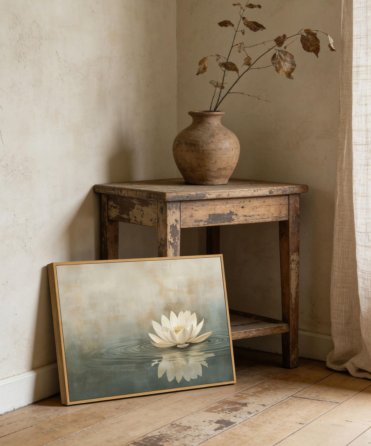 Framed Sage Green Japandi Canvas Wall Art Zen White Lotus Flowers Picture Wall Decor Japanese Wabi Sabi Poster Prints for Yoga Spa Meditation Spiritual Room Living Room Home Decoration 12x16in