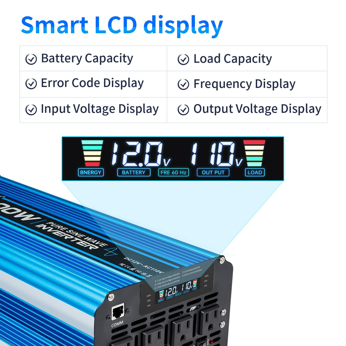 5000W Pure sine Wave Inverter DC 12V to AC 110V/120V Converter 10000w (Peak) with LCD Display Wireless/Wired Remote Control 4AC outlets 4USB and Hardwired AC.Ideal for RV Travel Off-Grid Solar Systems