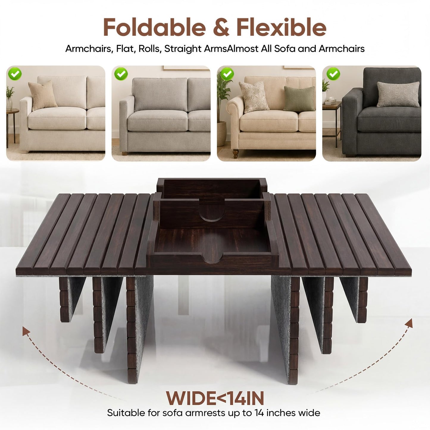 Dumbpec Bamboo Couch Arm Tray Table with Built-in Cup Holder, Foldable Anti-Slip Sofa Armrest Table for Drinks, Phone & Remote, Fits 4.7–16.9 in Armrests, Holds Cups up to 3.5 in Diameter (Brown)