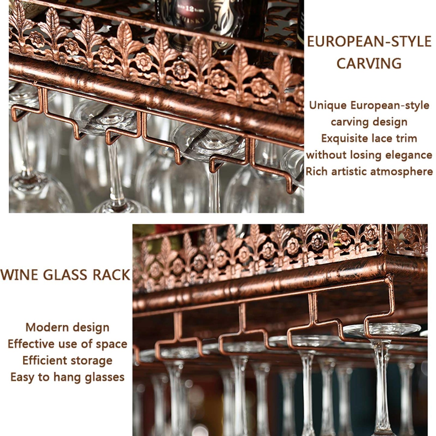 LWJQRSP European Hanging Wine and Coffee Glass Rack Adjustable Height Ceiling Bottle Holder Elegant Carved Design for Bars Restaurants and Cafés - Space-Saving Storage Solution