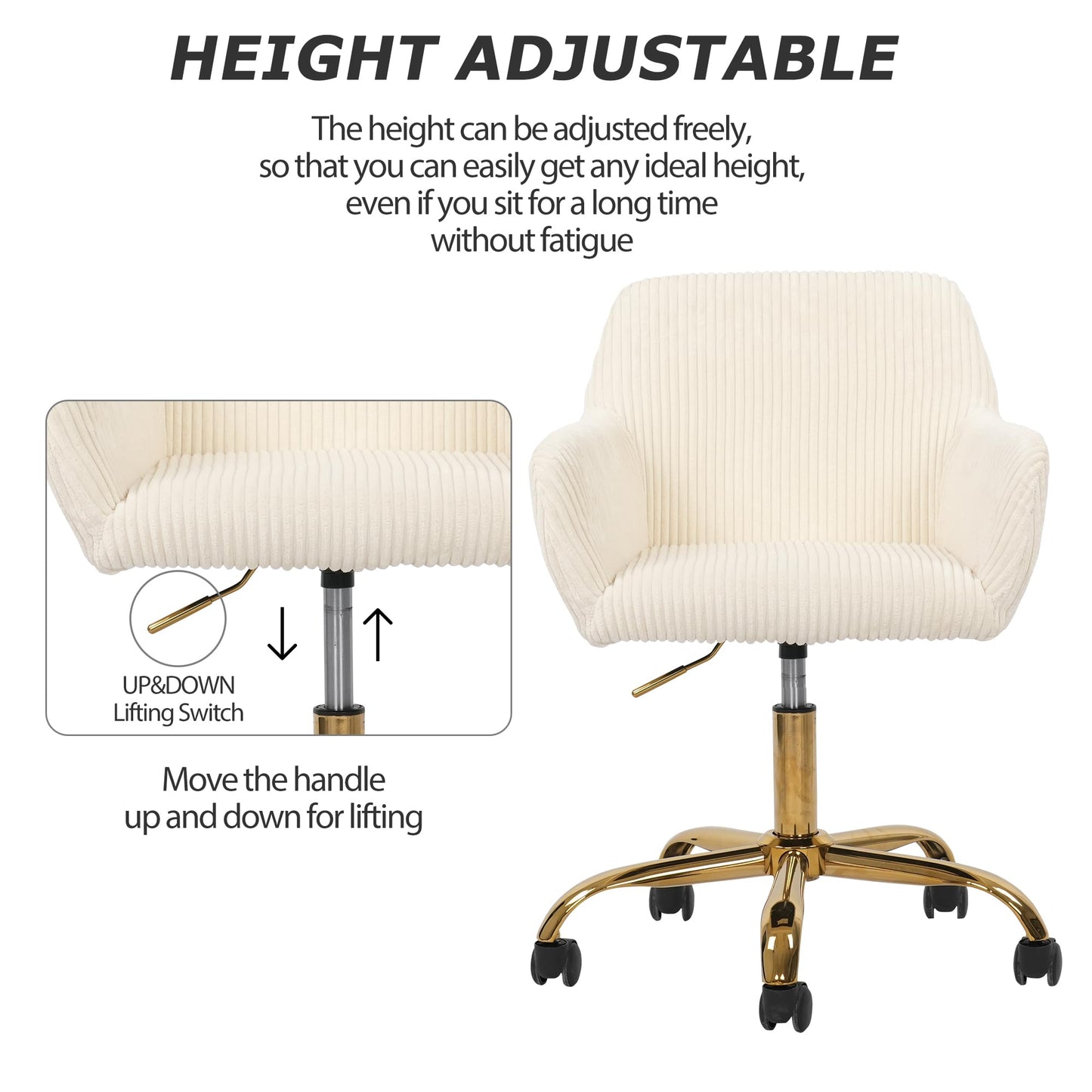 KCC Corduroy Fabric Vanity Makeup Desk Chair, Fluffy Swivel Modern Armchair with Wheels, Upholstered Fuzzy Height Adjustable for Girls Home Office, Beige