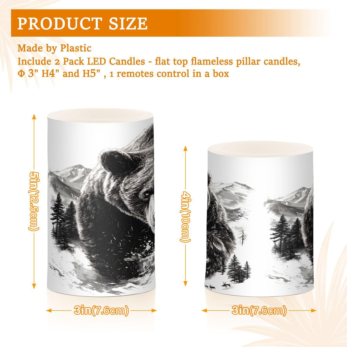 ALAZA Bear Black White Flickering Flameless Candles Pillar Led Candles Battery Operated Candles with Remote and Timers Set of 2