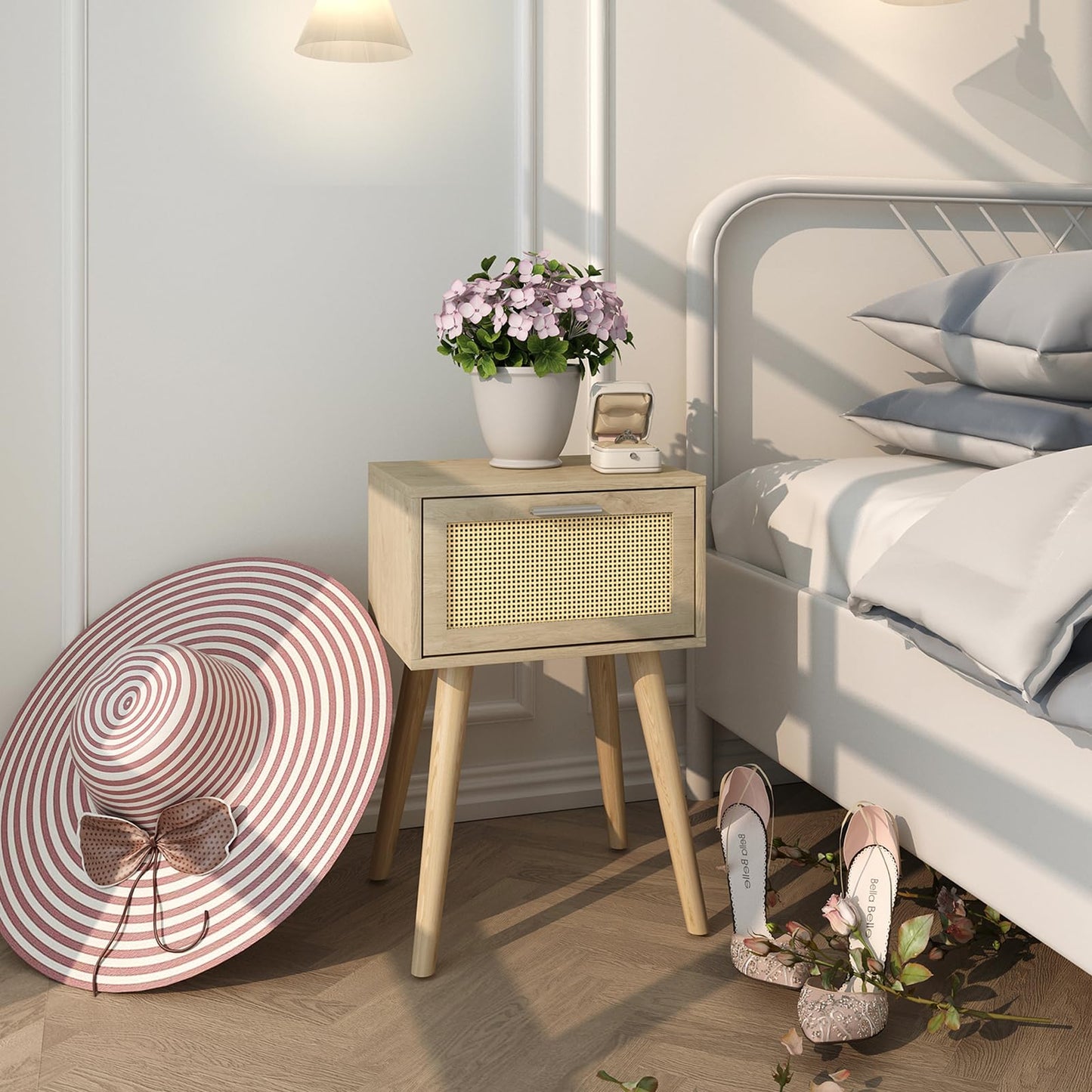 LAATOOREE Nightstand Set of 2, Small Bedside Table, Boho Side End Table, Rattan Door, Solid Wood Feet for Bedroom and Living Room