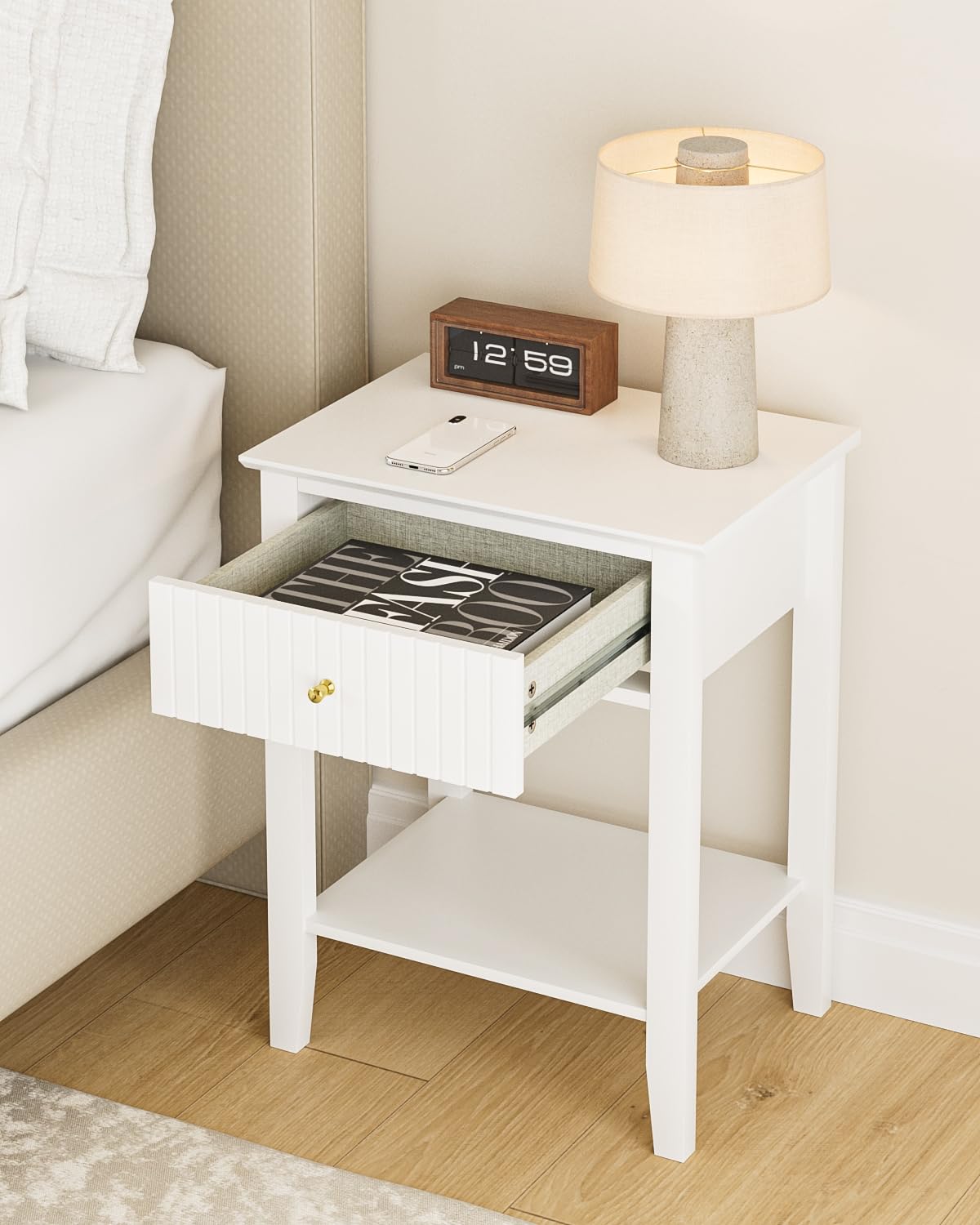 Apetaccat Fluted Nightstand, Farmhouse Night Stand with 1 Drawers, Mid Century Modern Side Accent Table,Bedside End Table for Bedroom, Living Room, White