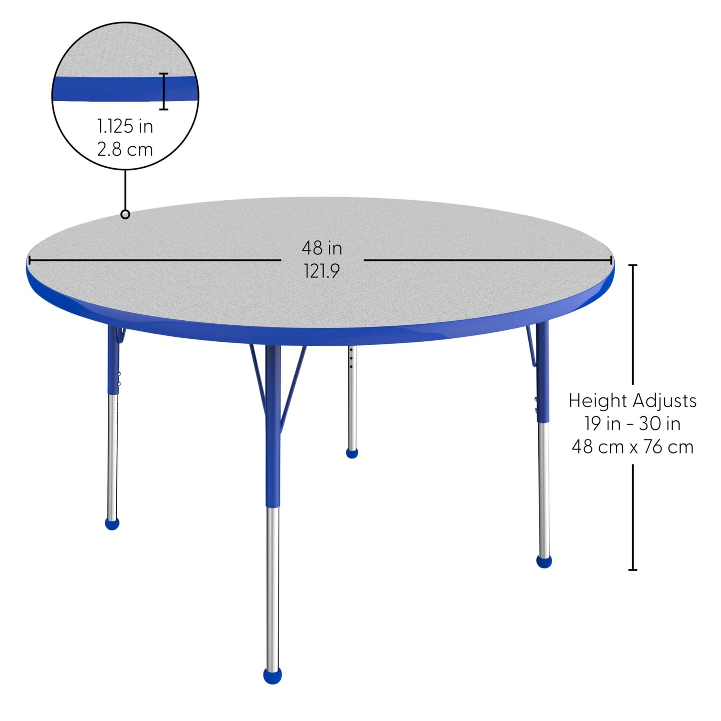 Factory Direct Partners FDP 48" Round Thermofused Classroom Activity Table with Standard Ball Glide Legs, Adjustable Height 19"-30" - Gray/Blue, 10138-GYBL