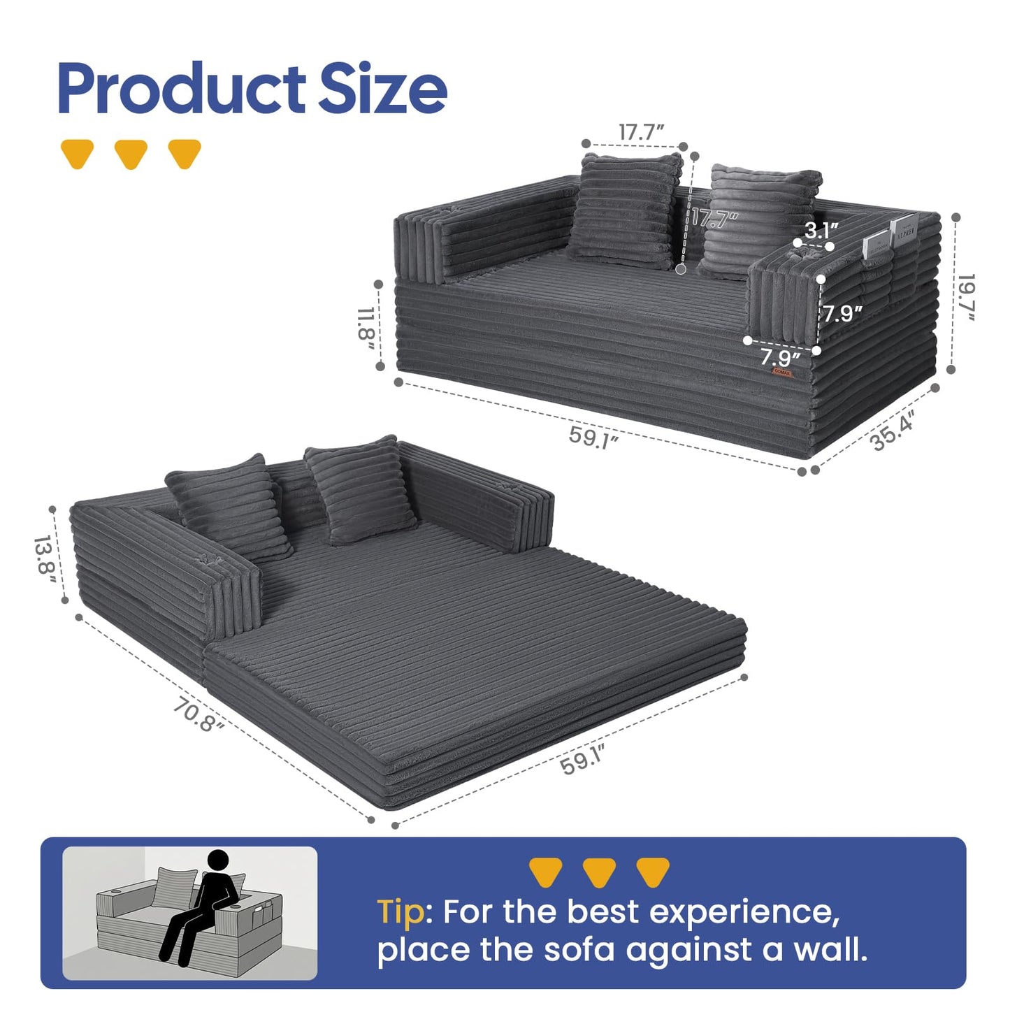 COMAX Futon Sofa Bed, 4‑in‑1 Convertible Sofa Bed, Boneless Couches for Living Room, Fold Out Small Foldable Loveseat Space‑Saving, Ash Gray