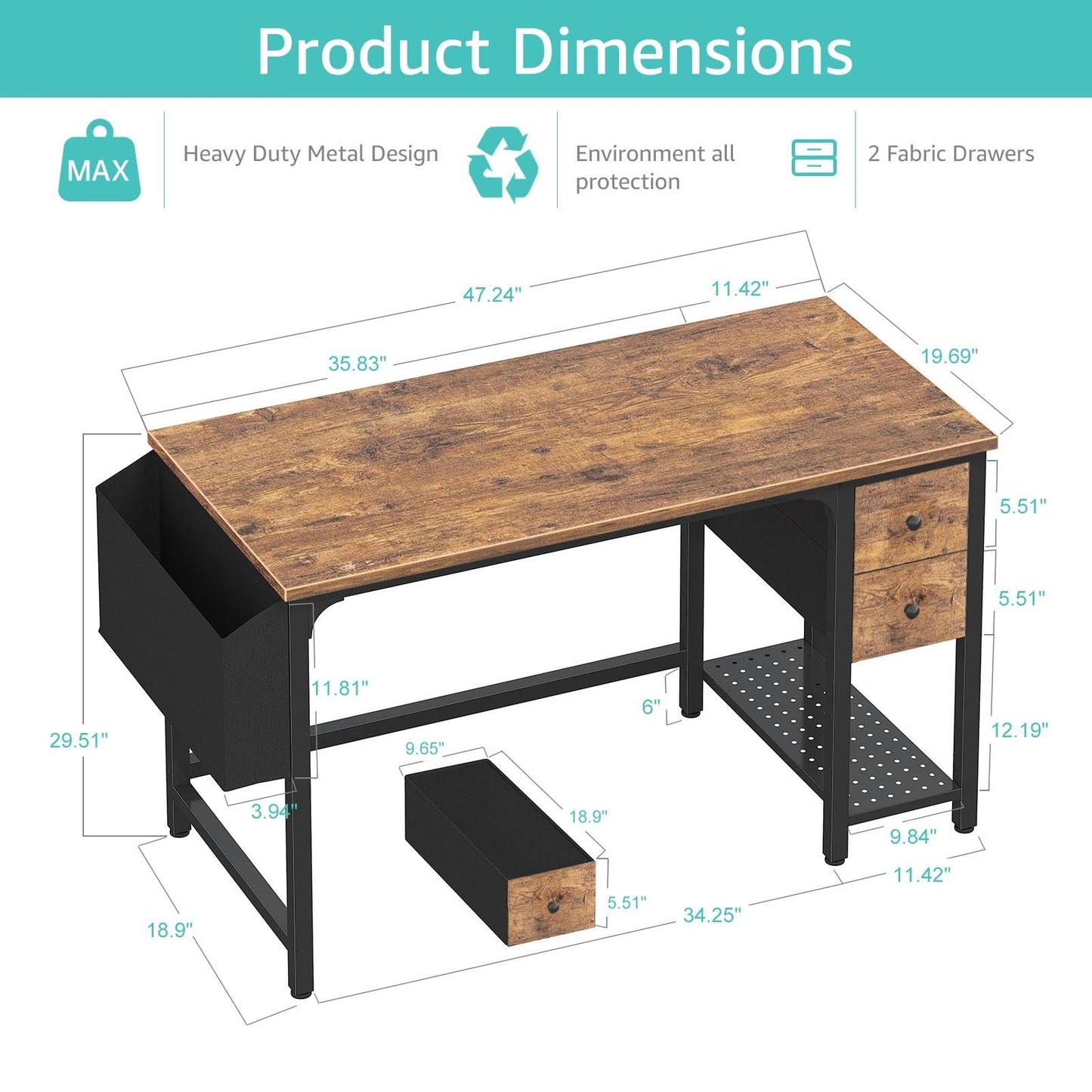 Lufeiya Computer Desk with Fabric Drawers, 47 Inch Desk for Small Space Home Office, Modern Simple Study Writing Table PC Desks for Bedroom, Rustic Brown