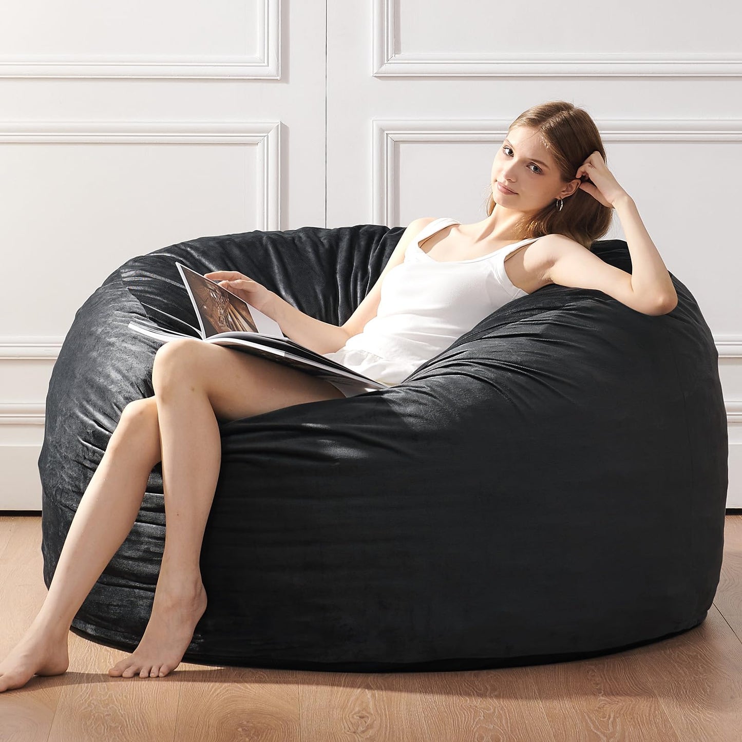 ILPEOD Bean Bag Chairs for Adults - Memory Foam Furniture BeanBag Chair - Kids/Teens Sofa with Soft Micro Fiber Cover - Round Fluffy Couch for Living Room Bedroom College Dorm, Carbon Black