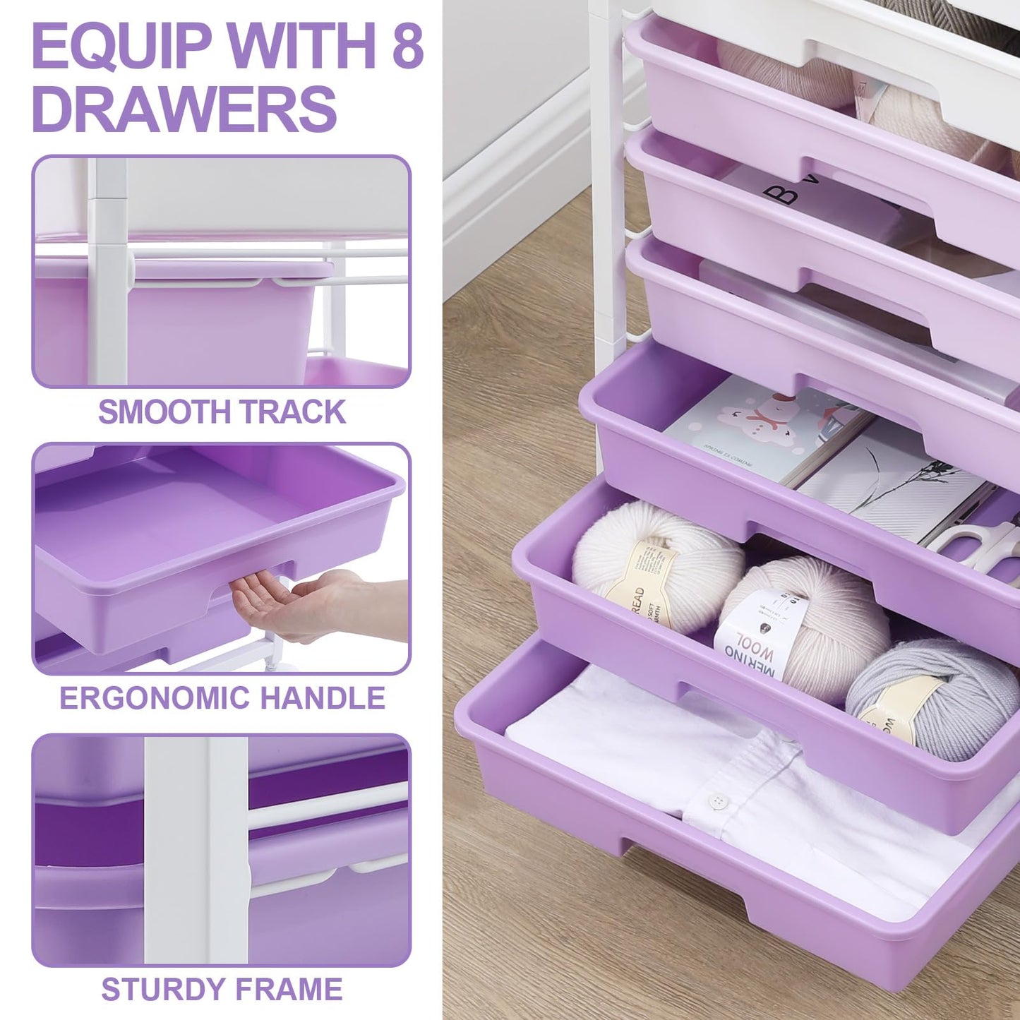 SYKIARIOL Rolling Cart with Drawers,Utility Cart With 8 Drawers and Wooden Tabletop for Living Room,Classroom,Bedroom,Bathroom,Dorm,Office,Purple