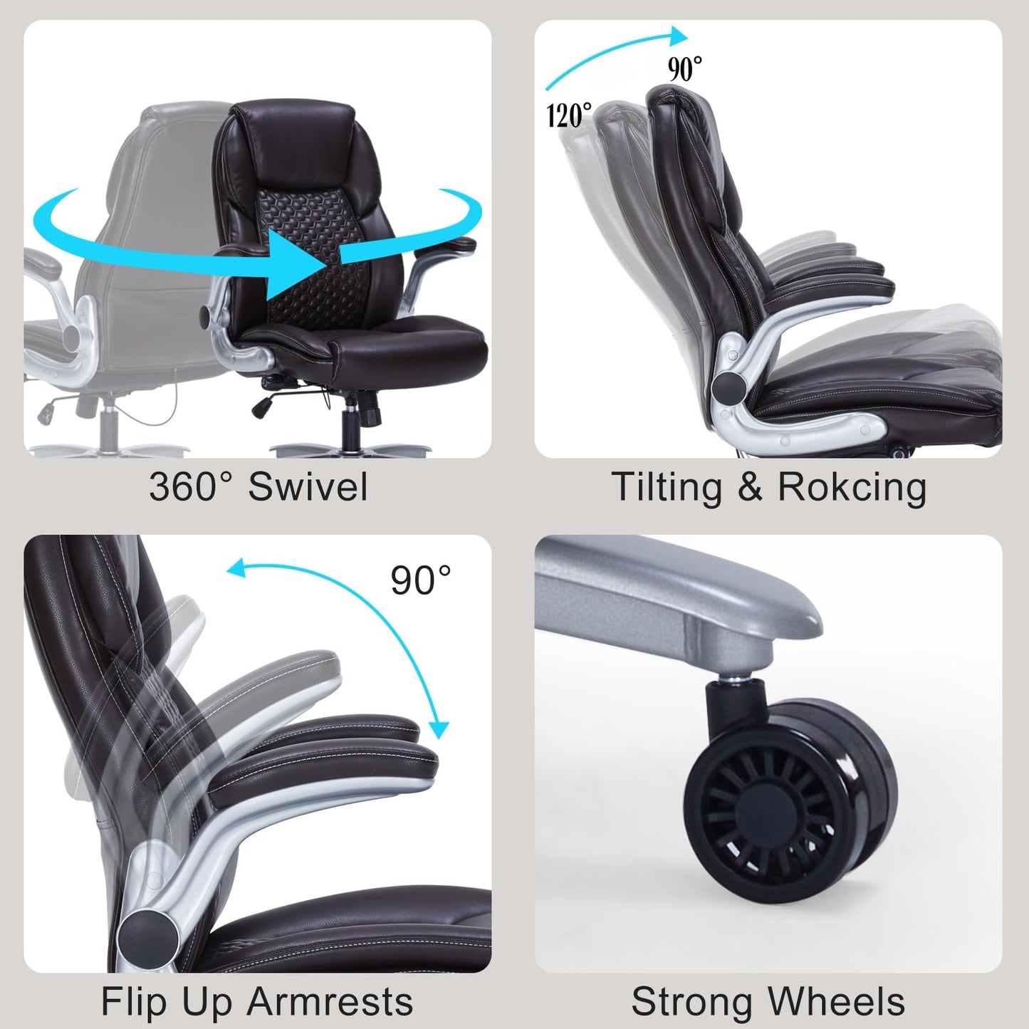 ZLHECTO® Big and Tall Executive Office Chair, PU Leather Swivel Desk Chair with Flip-up Arms, Adjustable Lumbar Support, Space-Saving Height Adjustable Rolling Computer Chair for Home & Office Use