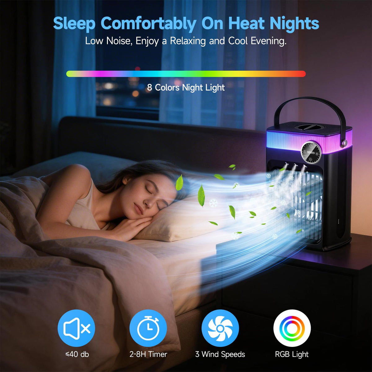 Portable Air Conditioners, 4 in 1 Evaporative Air Cooler with 1200ML Tank, Queit Cooling Fan with Remote Control, 2-8H Timer, 3 Modes & 8 LED Lights, Personal AC Unit for Bedroom, Office and Camping
