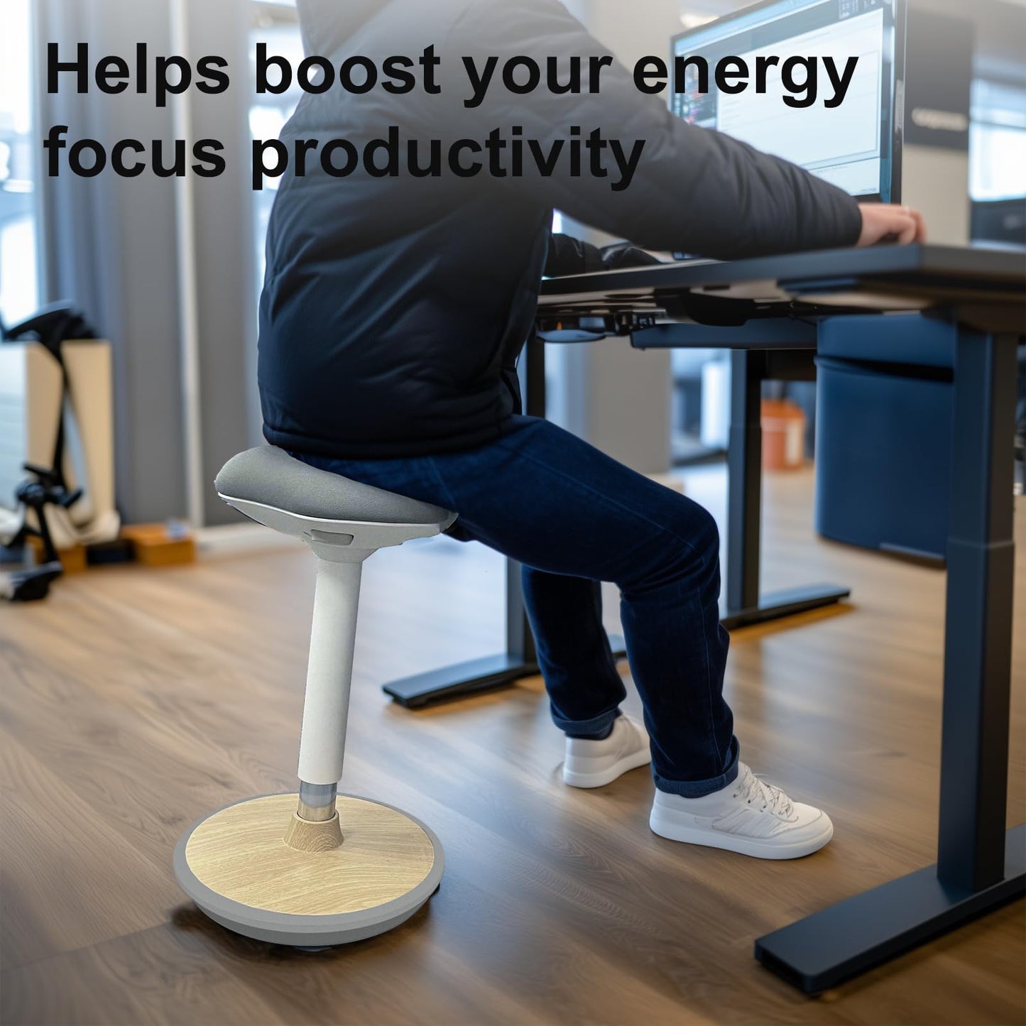 ERGO COLLECT Adult Wobble Stool - Anti-Fatigue Standing Desk Stool with 360° Rocking Non-Slip Curved Base, Height Adjustable 22-32 Inch Standing Chair for Home & Office,Light Wood