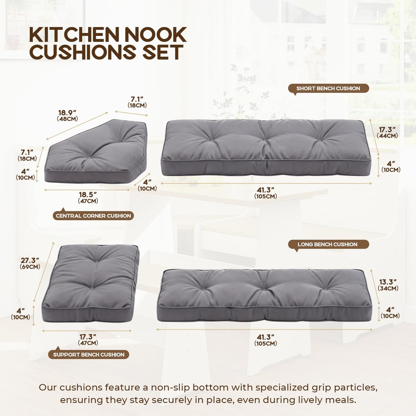 CTLAMK Breakfast Nook Cushions Set of 4, Waterproof Oxford Fabric Kitchen Nooks Cushions, Soft Polyester Filling Cozy Supportive Nooks Cushion, Breakfast Nook Cushion Cozy Dining Area Seating,Grey