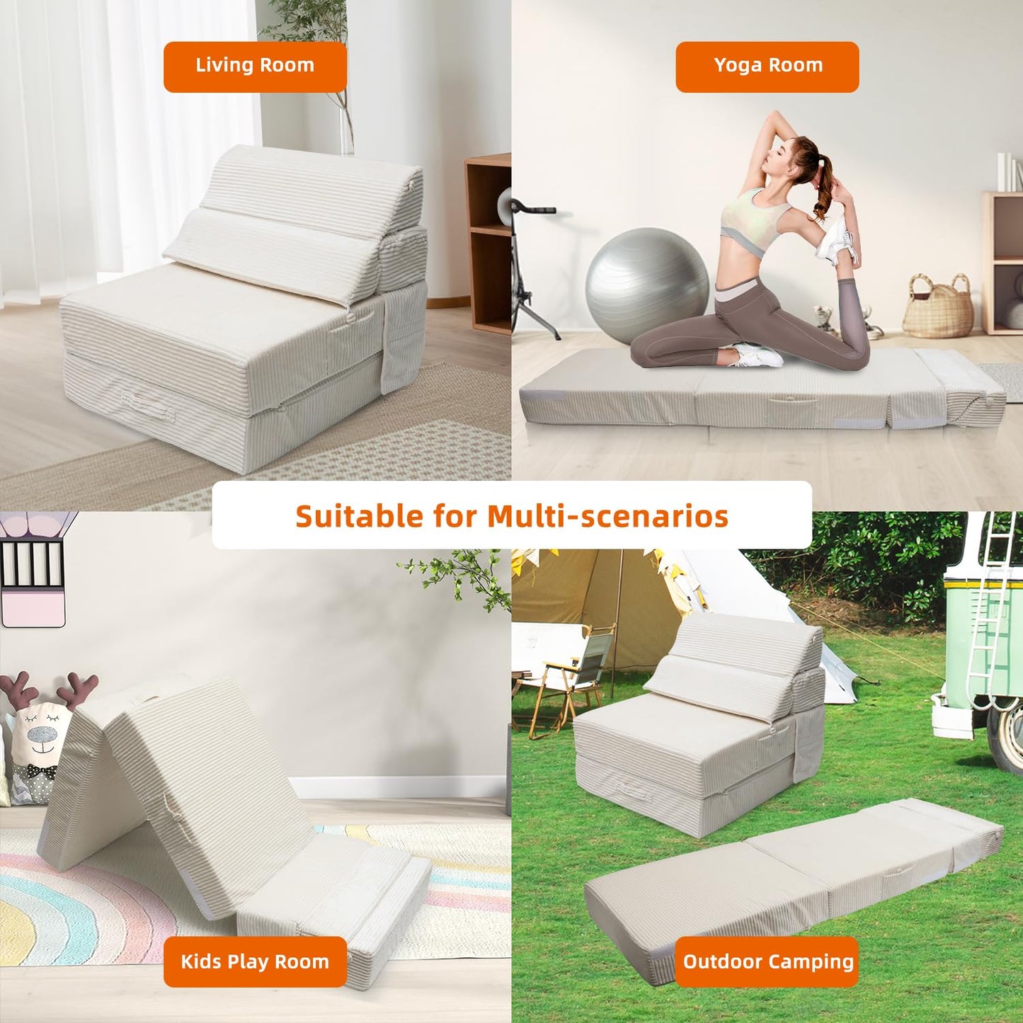 INRLKIT Cozy Folding Sofa Bed Convertible Sleeper Chair Couch Foldable Floor Mattress Comfy Portable Floor Sofa Lounge for Living Room Bedroom(77"x26",Beige White,30D Density Foam)