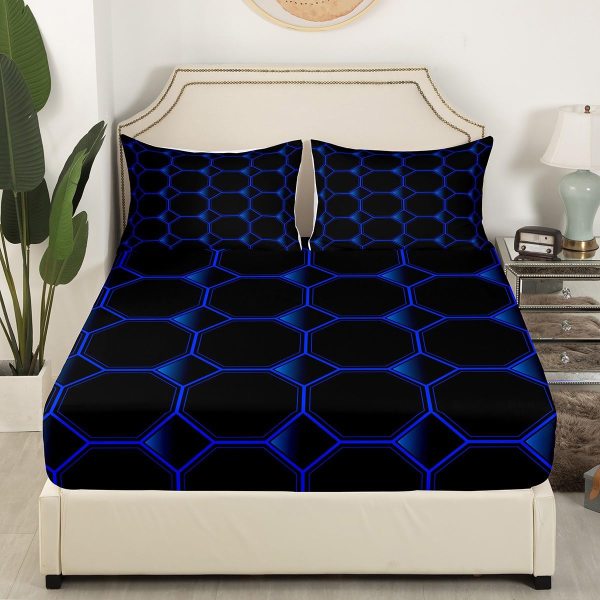 Honeycomb Bed Sheets Set Queen Size Geometric Hexagonal Beehive Sheet Set for Boys,3D Stereoscopic Blue Hexagon Sheets,Neon Simplistic Geometrical Black Room Decor