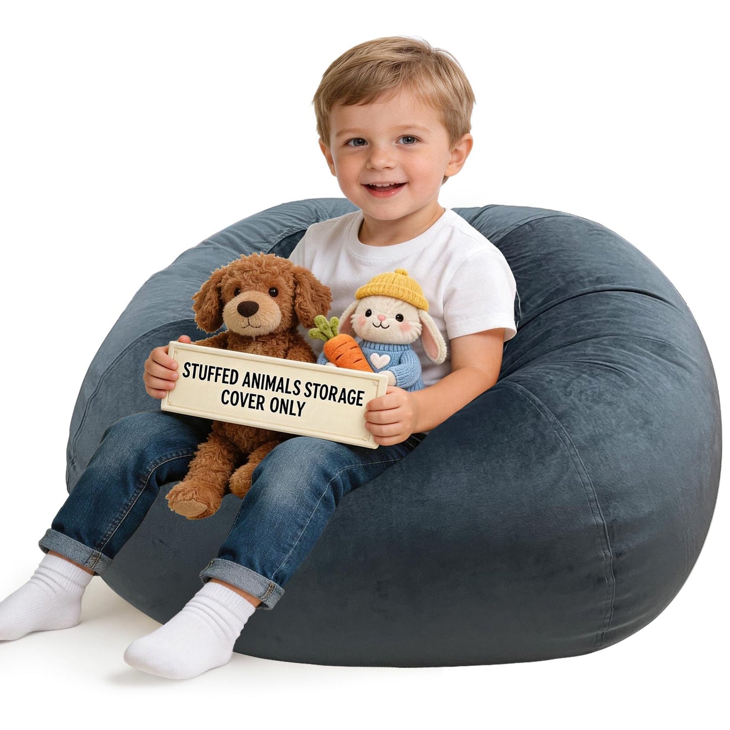 Lukeight Stuffed Animals Storage Bean Bag Chair Cover for Kids and Toddlers, Cozy Velvet Plush Toy Organizer Seat, Cover Only, No Filling Included, Long YKK Zipper, Side Pocket, Large 27 x 16 in