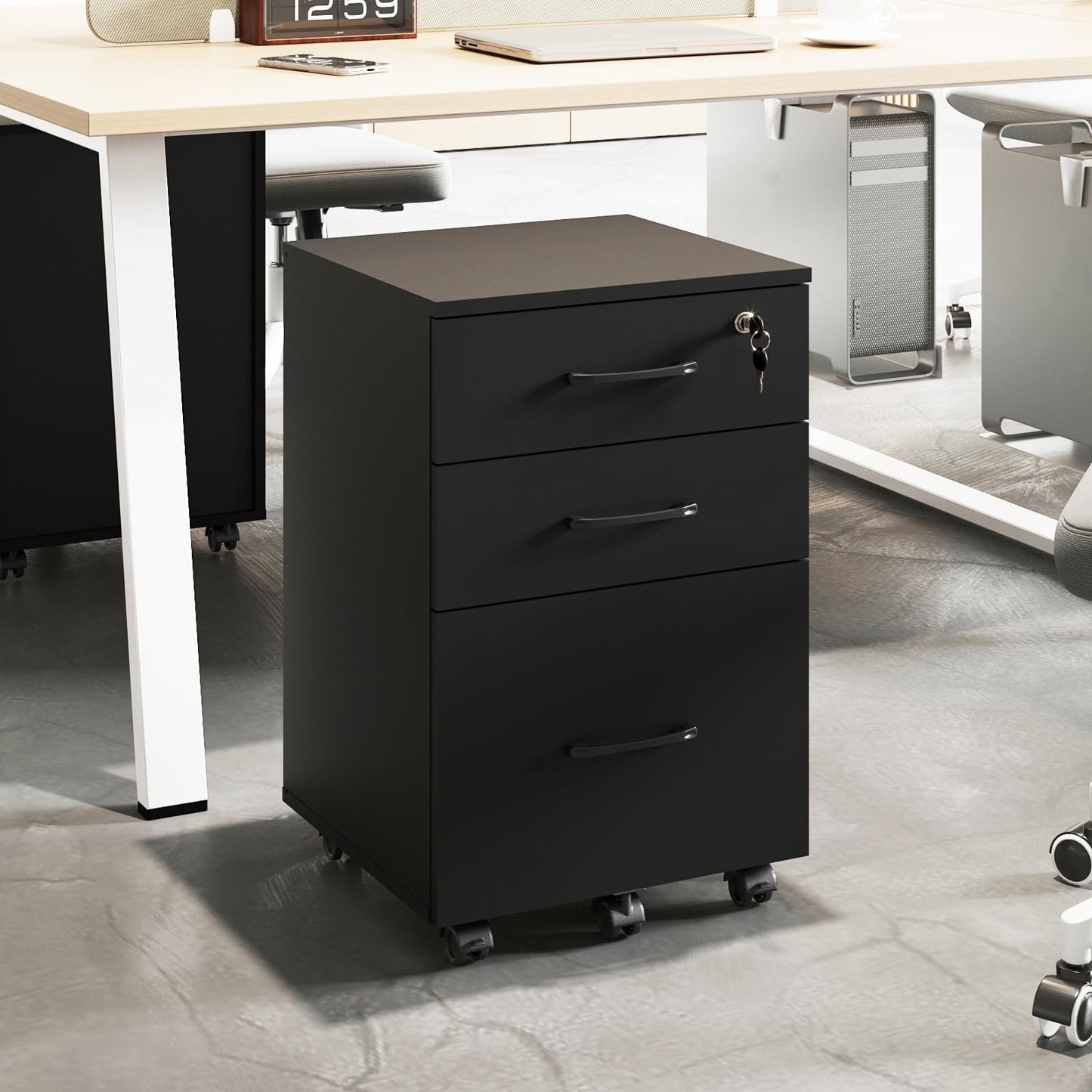 ALBSL File Cabinet with Lock,3 Drawer Wood Rolling Filing Cabinets Under Desk for Home Office, Office Storage Cabinet fits Letter/A4 Size,Mobile Filing Cabinet Printer Stand,Black