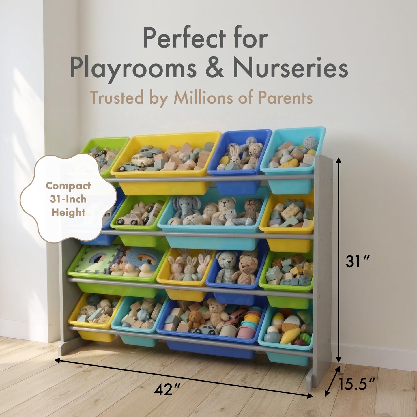 Humble Crew Toy Storage Organizer with 16 Removable Storage Bins for Kids Playroom, 4-Tier Toddler Toy Organization and Storage, Grey/Blue/Green/Yellow
