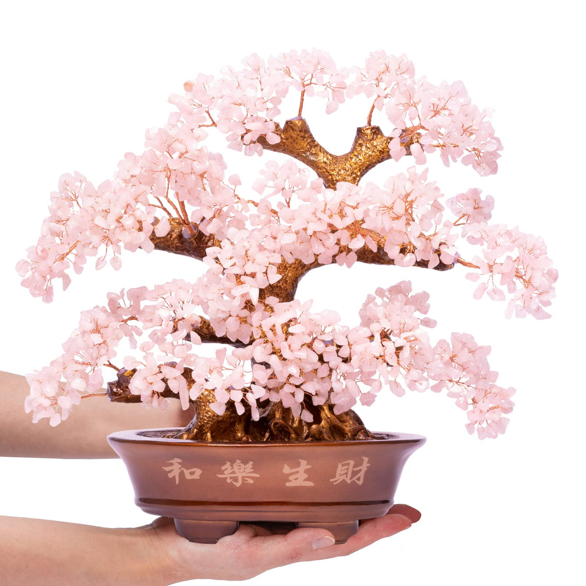 GEMBOURY Natural Rose Quartz Tree Large,14" Chakra Crystal Tree(1,251 Gemstone Count) w/Lucky Coins Chain Healing Properties - Bonsai Feng Shui Money Tree for Love Self Care Home Office Decoration