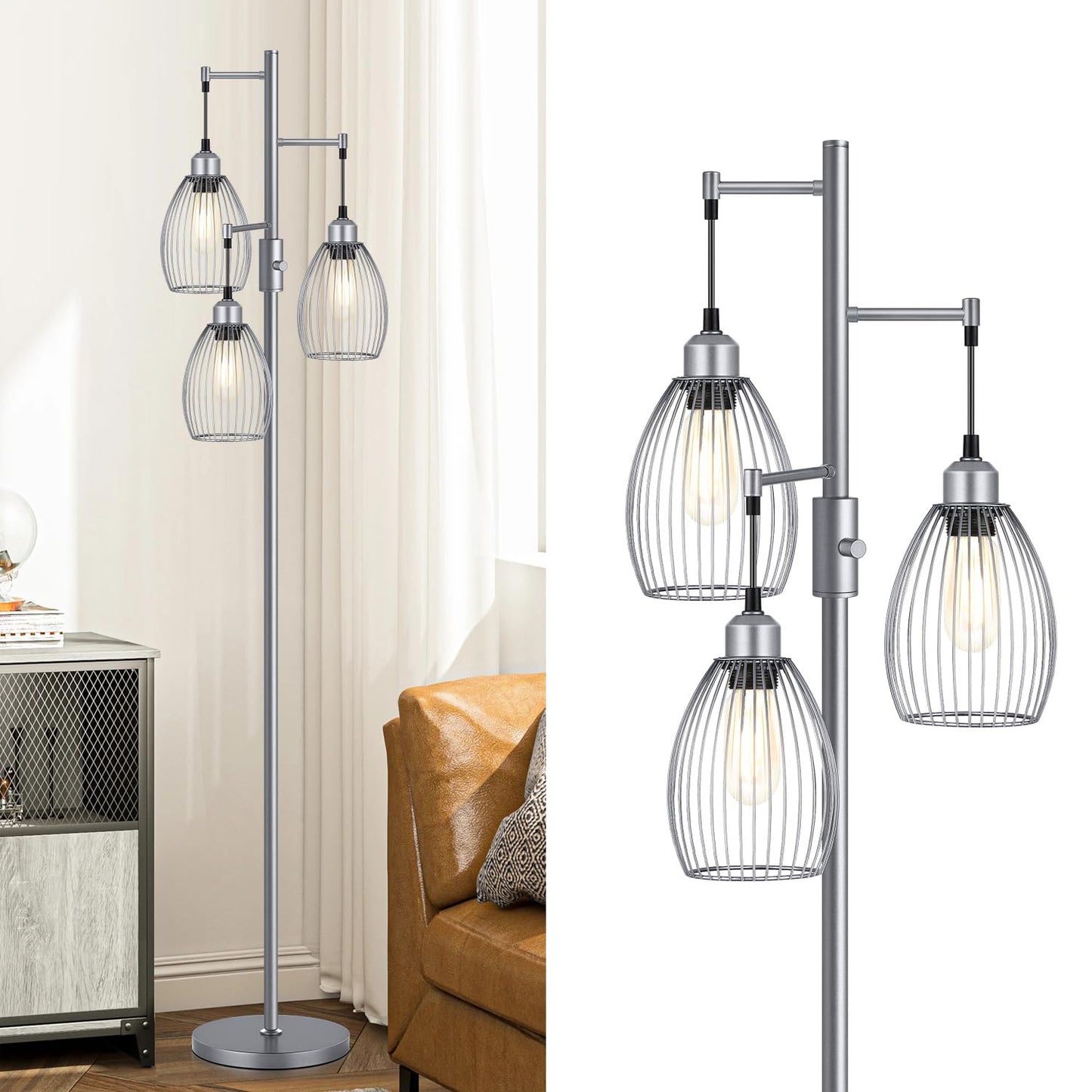 Torondo Dimmable Industrial Floor Lamps for Living Room, Gray Tree Standing Tall Lamps with 3 Elegant Teardrop Cage Head & 800 Lumens LED Bulbs for Bedroom Office