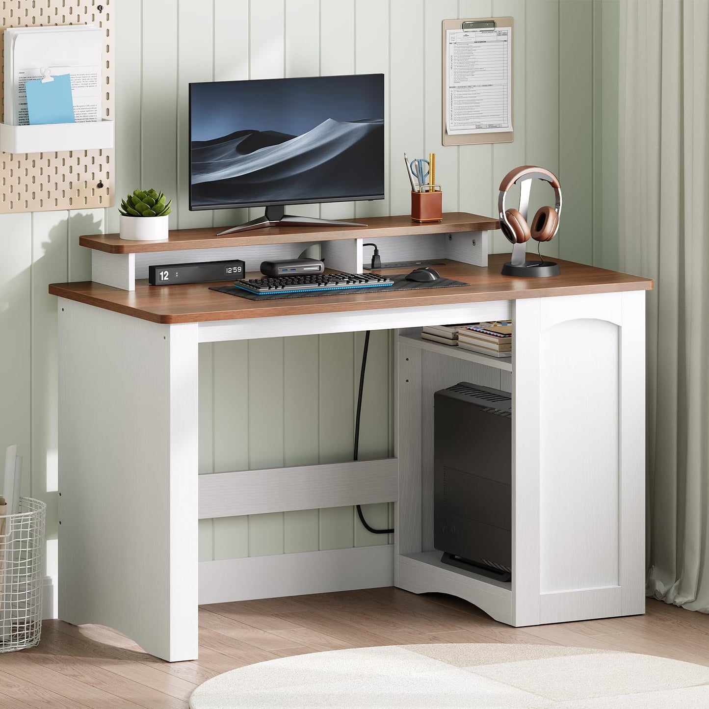 HOOBRO Tree Bookshelf and Computer Desk Bundle, 9-Tier Bookcase Wooden Shelves, Office Dsek with Monitor Stand, for Small Space, Study, Living Room, BF08SJ01G1-WH85UDN01