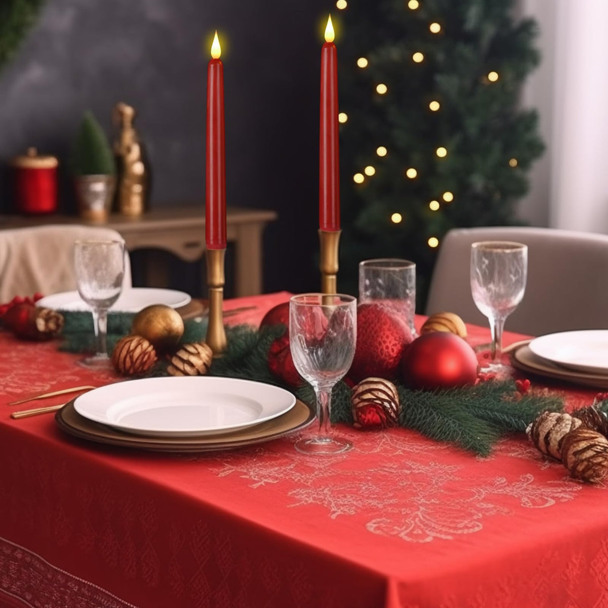 Flameless Taper Candles with Remote Control and Timer, Battery Operated LED Candlesticks with Flickering 3D Flame, 9.6×0.8Inches Plastic Tall Candles for Christmas, Wedding and Home Decor (Red, 9)