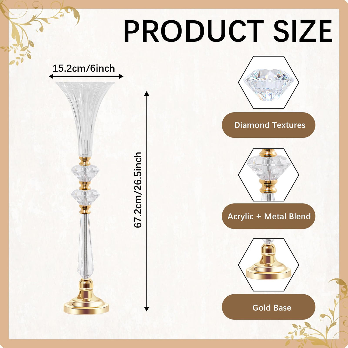 VIJIV Tall Crystal Acrylic Flower Vases for Centerpieces, 26.2" Large Clear Decorative Trumpet Vases, Wedding Flower Stand with Ribbed, Table/Floor Vase for Bridal Showers & Dining Room, Home Décor